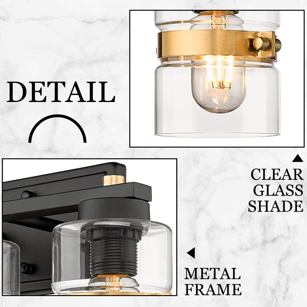 Modern Industrial 3-Light Bathroom Vanity Light with Clear Glass,White or Black and Gold Finish
