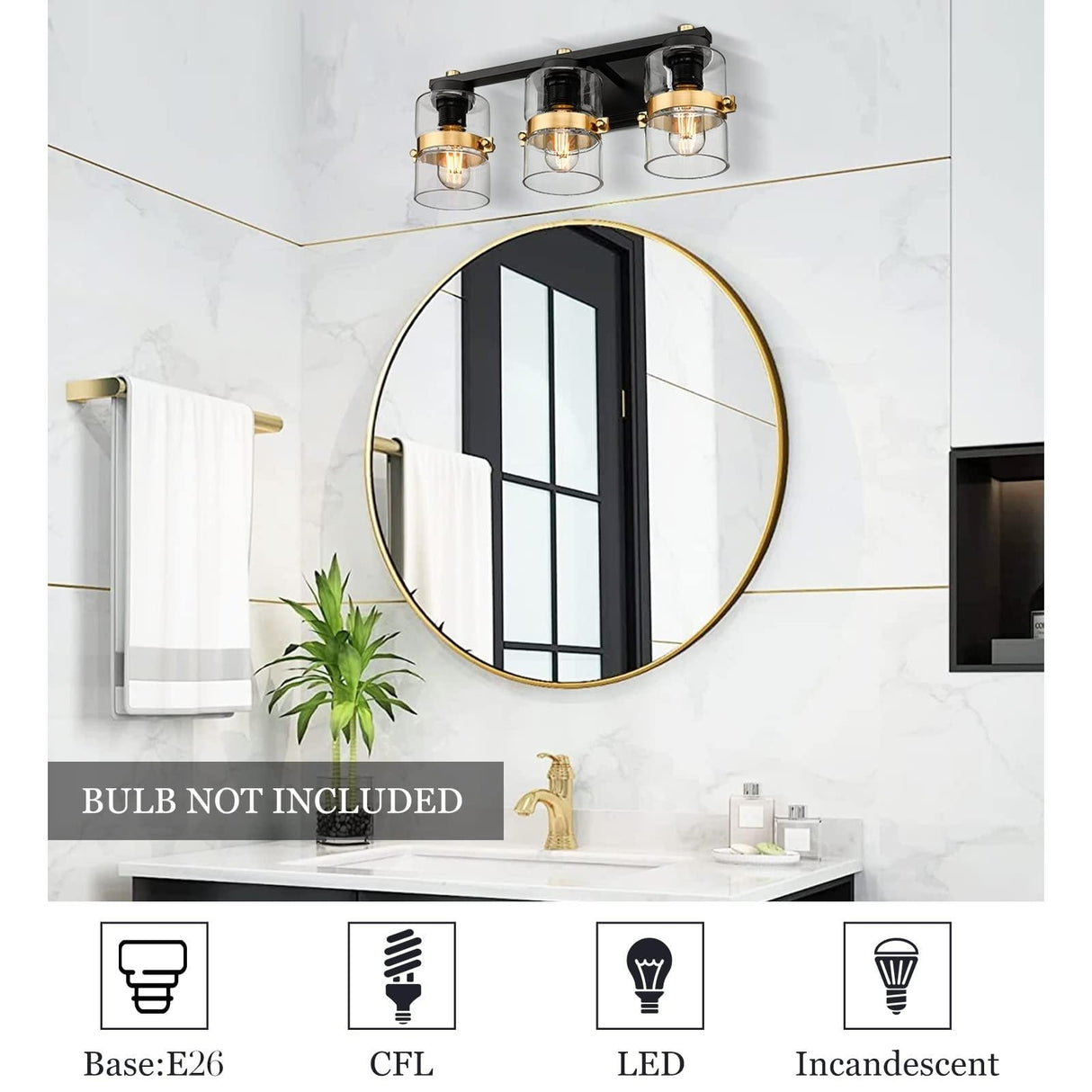 Modern Industrial 3-Light Bathroom Vanity Light with Clear Glass,White or Black and Gold Finish