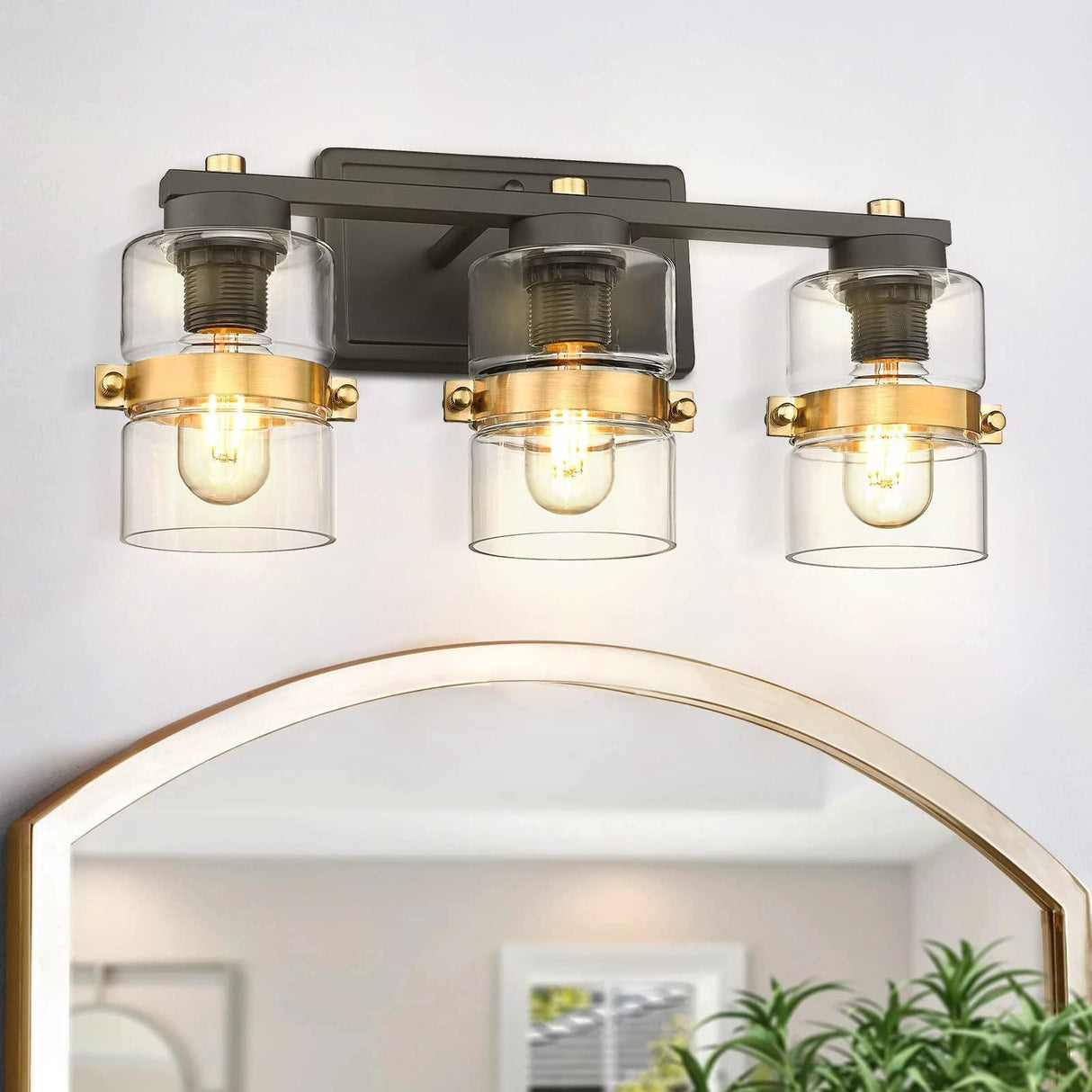 Modern Industrial 3-Light Bathroom Vanity Light with Clear Glass,White or Black and Gold Finish
