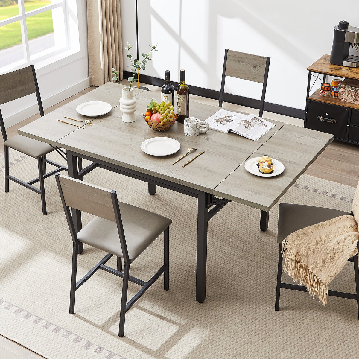 Modern Industrial 63.2'' Extendable Dining Table w/Drop Leaf, Seats 6