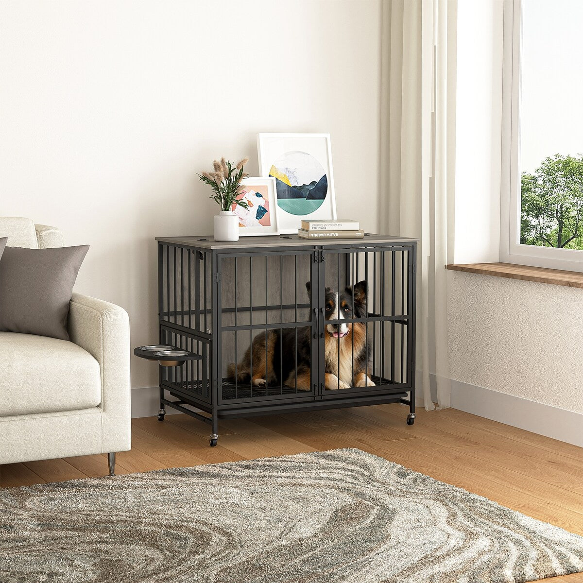 Modern Kennel Dogs room，Multi-Purpose Rremovable Ttray, Double-Door Dog House, lift Panel