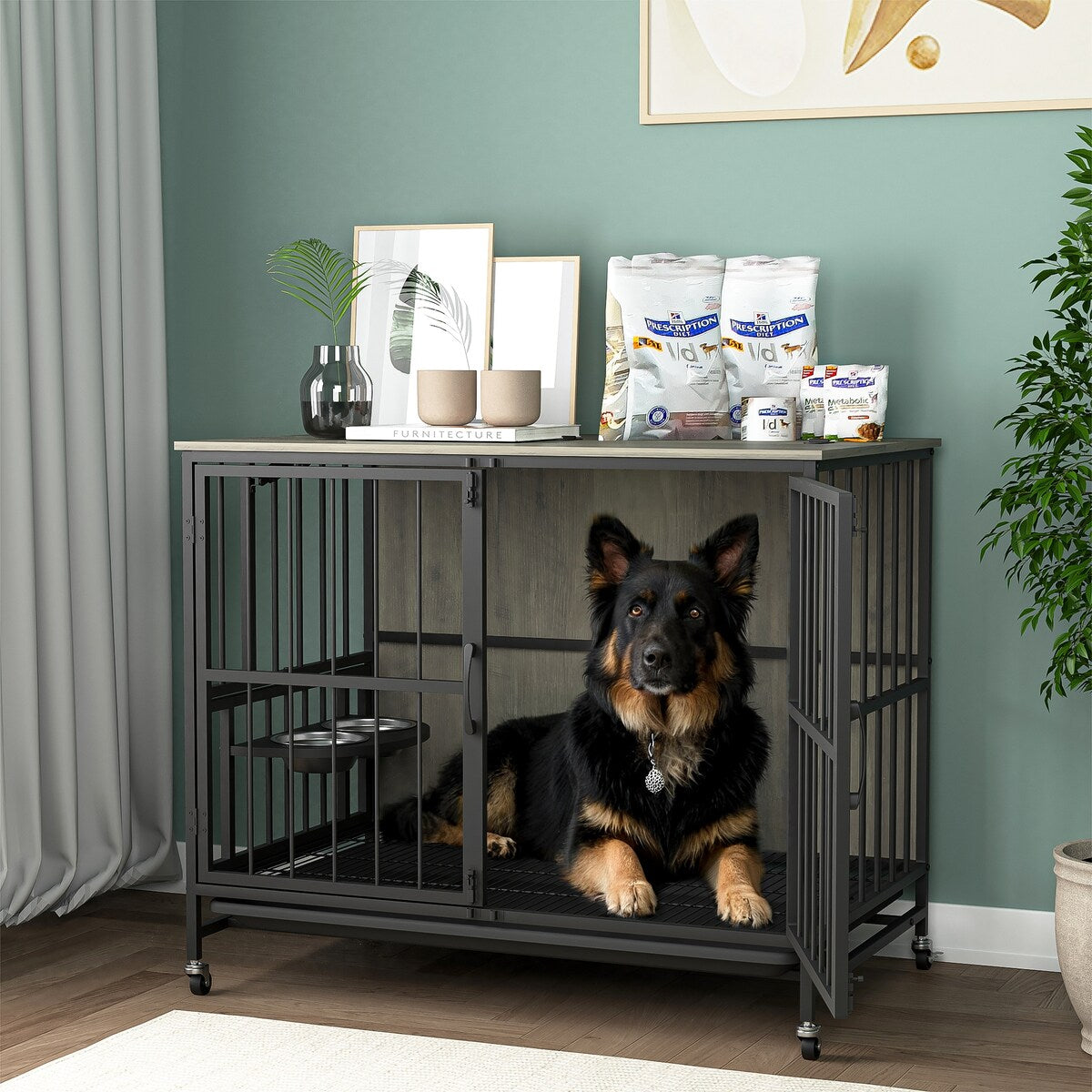 Modern Kennel Dogs room，Multi-Purpose Rremovable Ttray, Double-Door Dog House, lift Panel