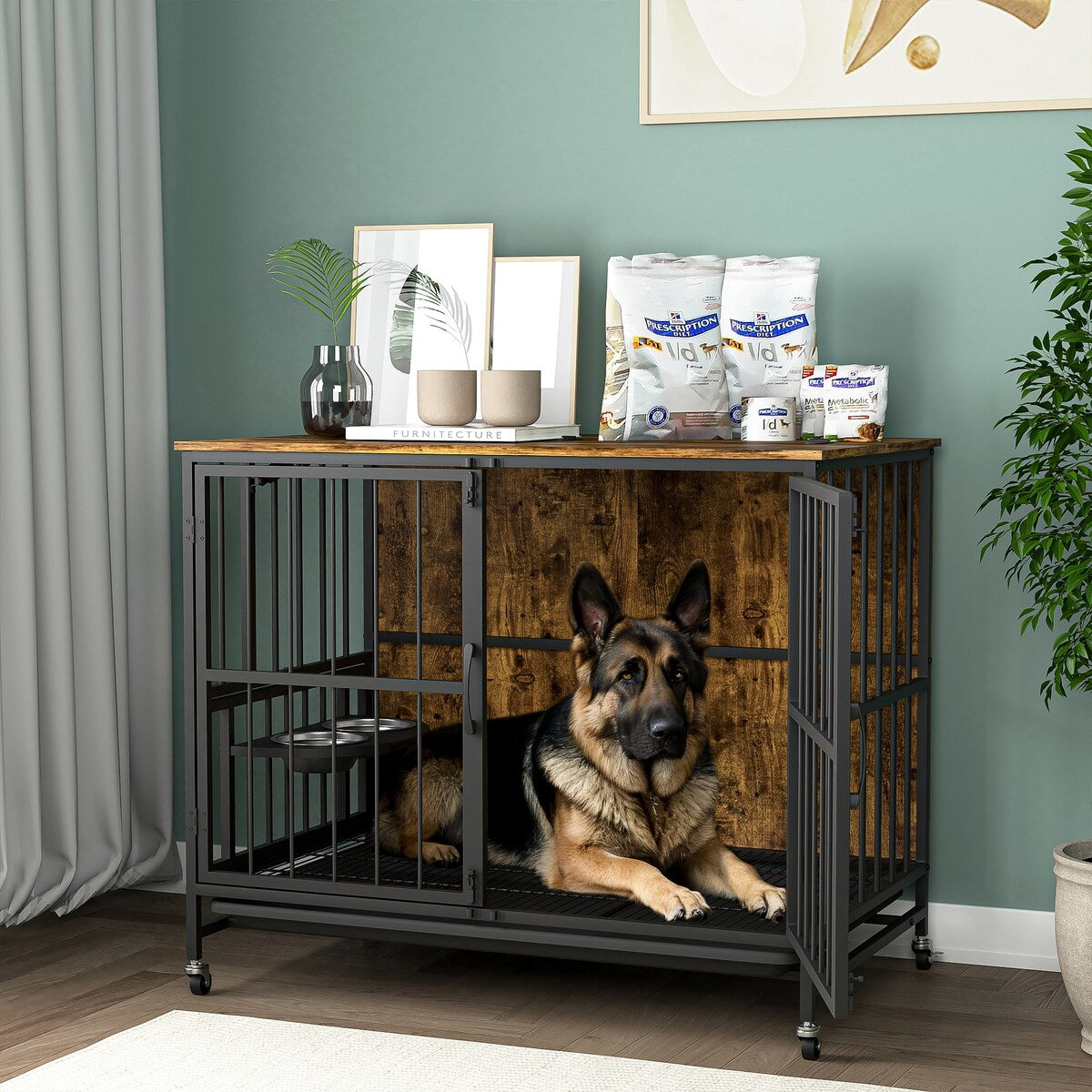 Modern Kennel Dogs room，Multi-Purpose Rremovable Ttray, Double-Door Dog House, lift Panel