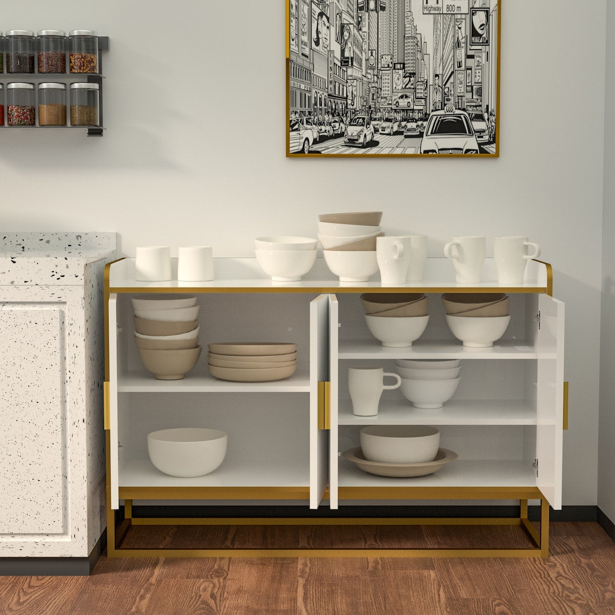 Modern Kitchen Buffet Storage Cabinet Cupboard Gloss with Metal Legs for living room Kitchen