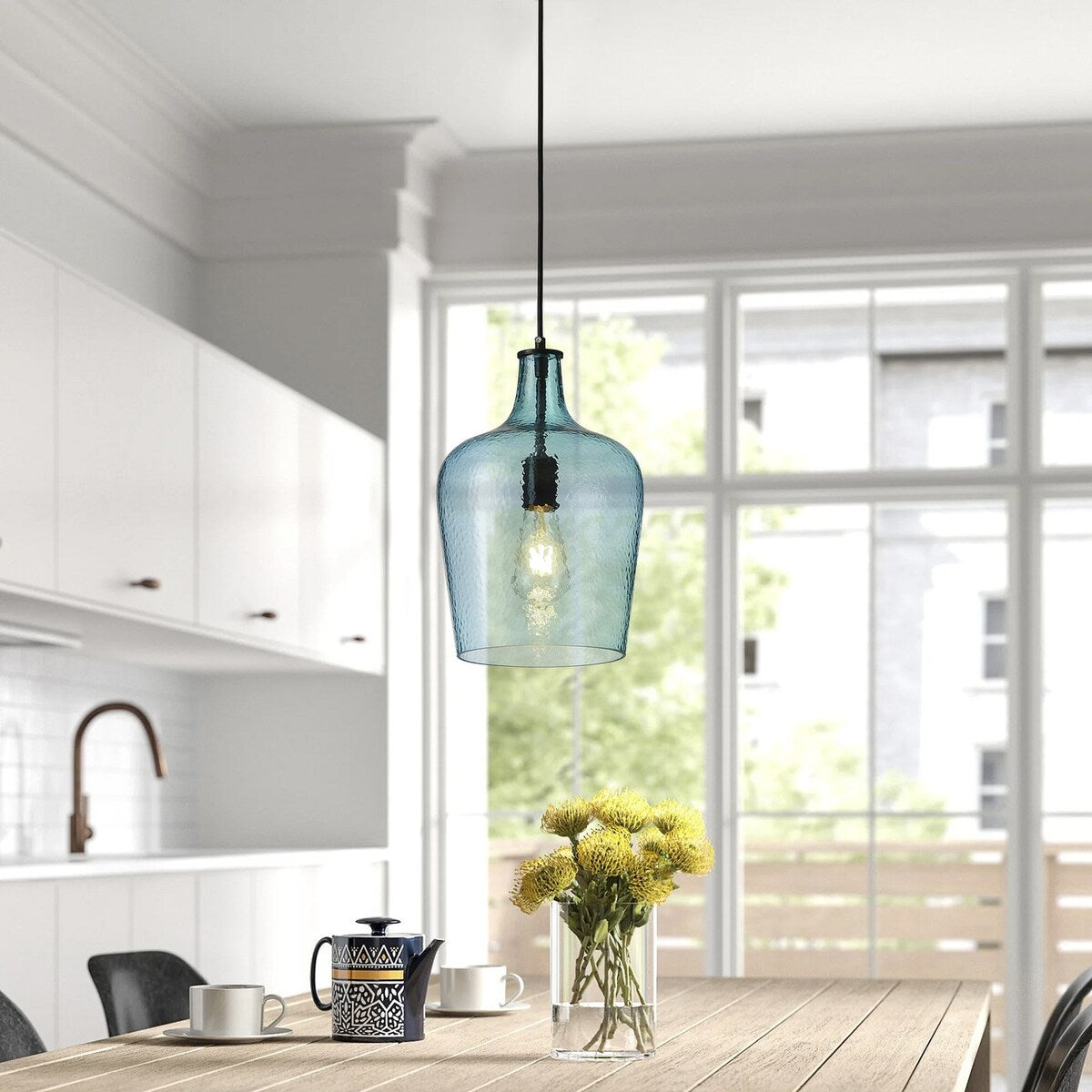 Modern Kitchen Island Pendant Lighting Fixture with Blue Glass Shade