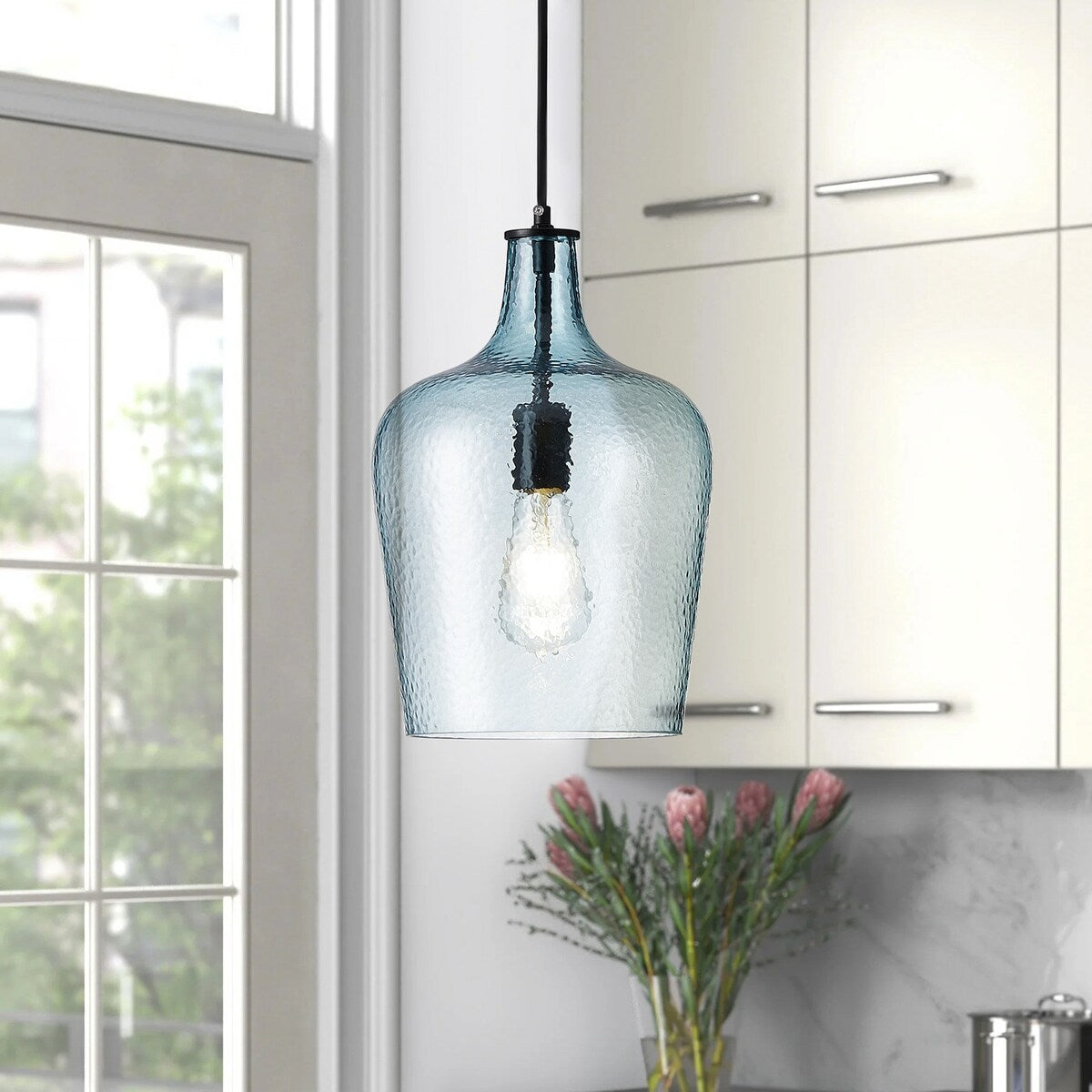 Modern Kitchen Island Pendant Lighting Fixture with Blue Glass Shade