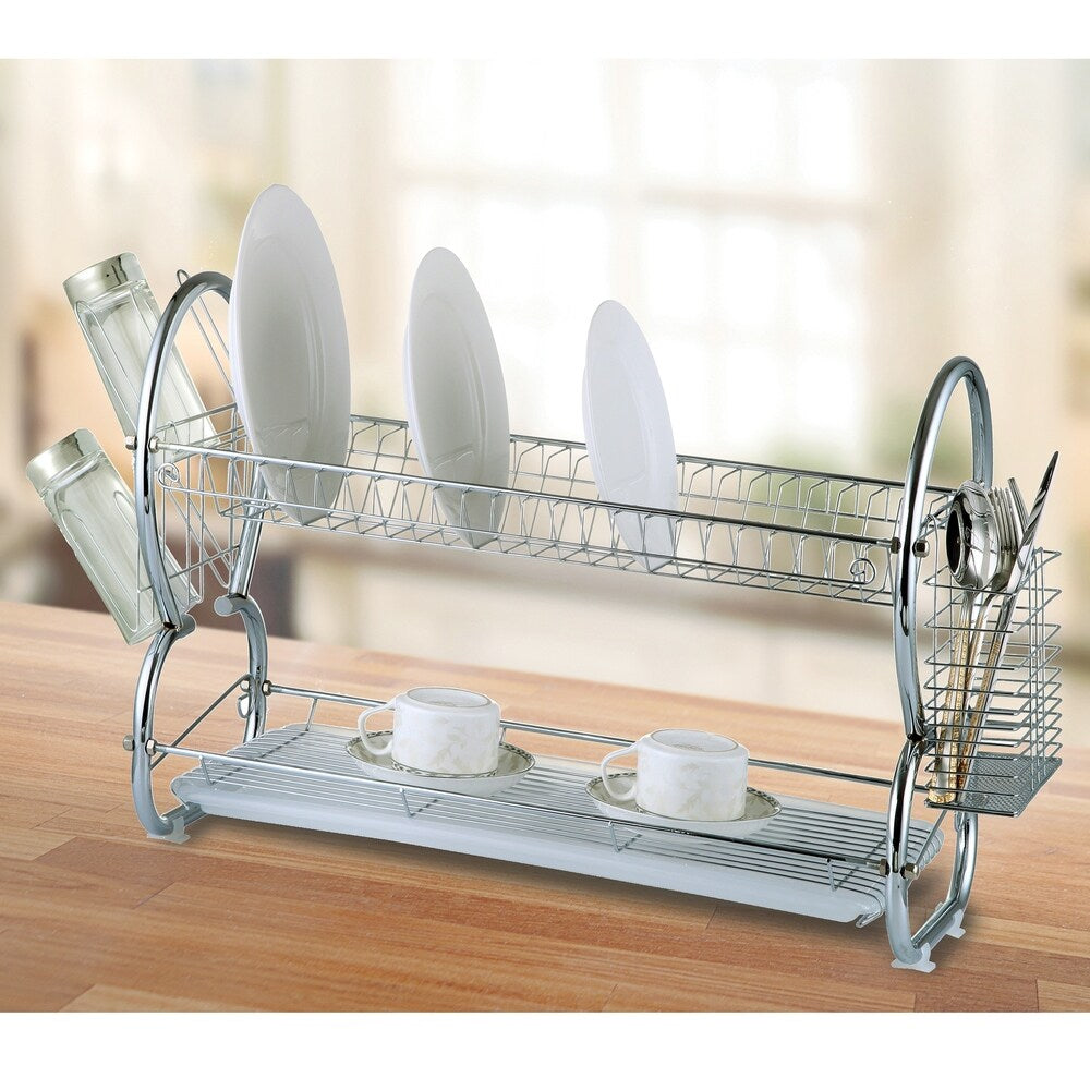 Modern Kitchen Chrome Plated 2 Tier Dish Drying Rack and Draining Boar Overstock
