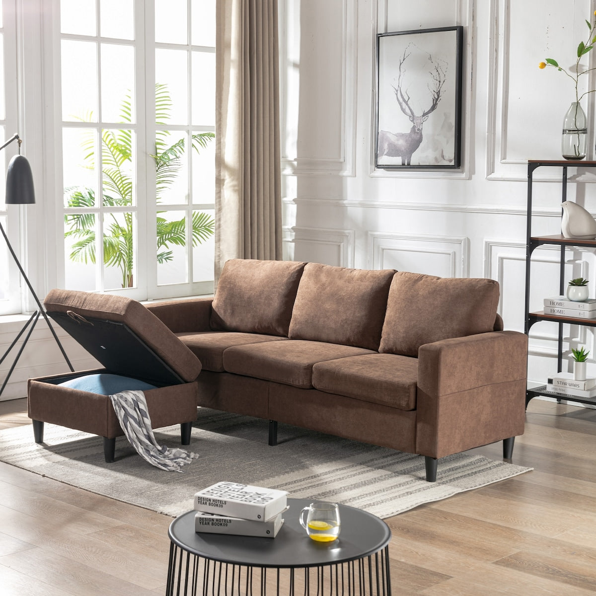 Modern L-Shape Sectional Sofa with Handy Side Pocket, Living Room 3-Seater Couch with Movable Ottoman for Small Space