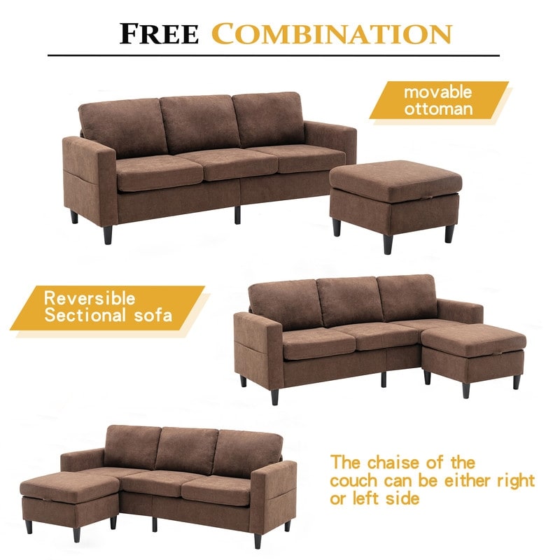 Modern L-Shape Sectional Sofa with Handy Side Pocket, Living Room 3-Seater Couch with Movable Ottoman for Small Space