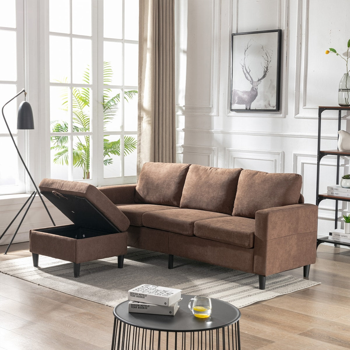 Modern L-Shape Sectional Sofa with Handy Side Pocket, Living Room 3-Seater Couch with Movable Ottoman for Small Space