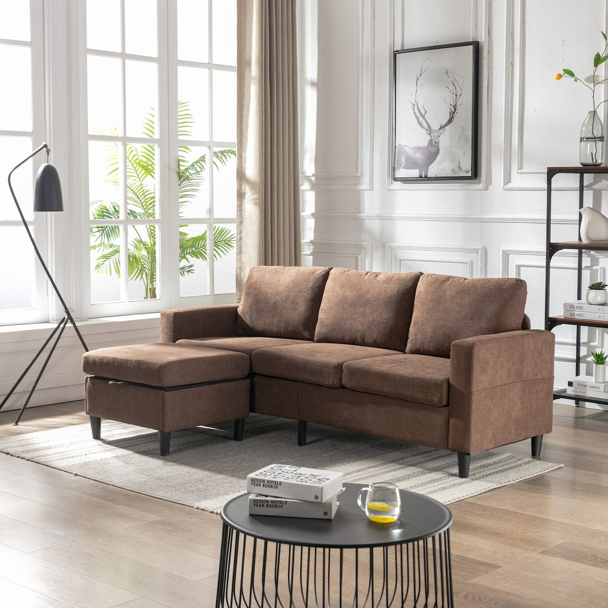 Modern L-Shape Sectional Sofa with Handy Side Pocket, Living Room 3-Seater Couch with Movable Ottoman for Small Space