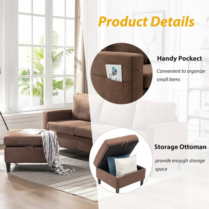 Modern L-Shape Sectional Sofa with Handy Side Pocket, Living Room 3-Seater Couch with Movable Ottoman for Small Space