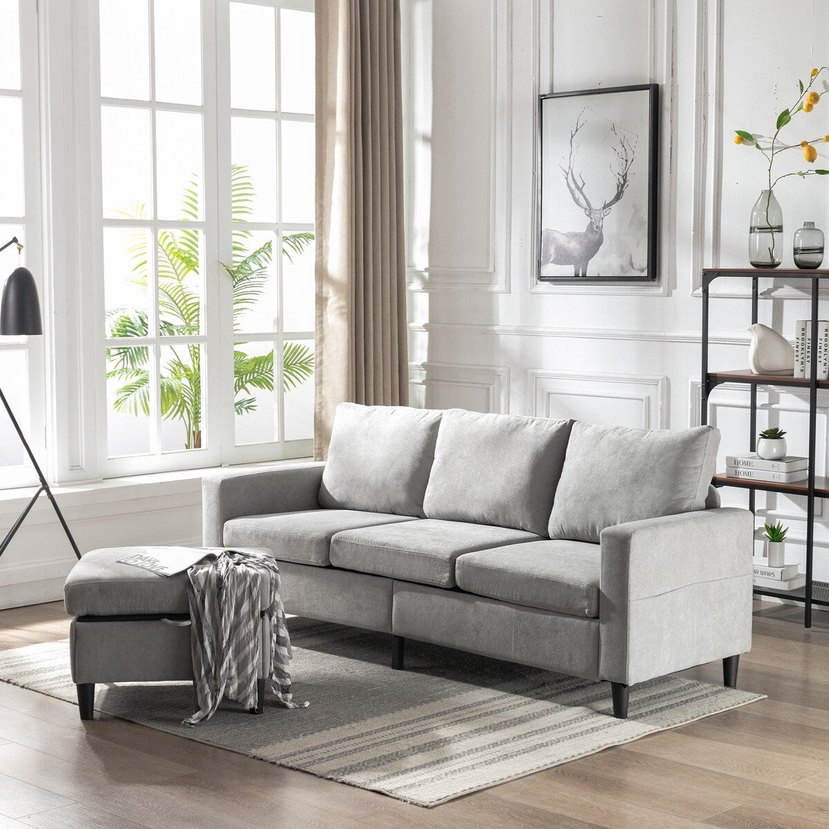 Modern L-Shape Sectional Sofa with Handy Side Pocket, Living Room 3-Seater Couch with Movable Ottoman for Small Space