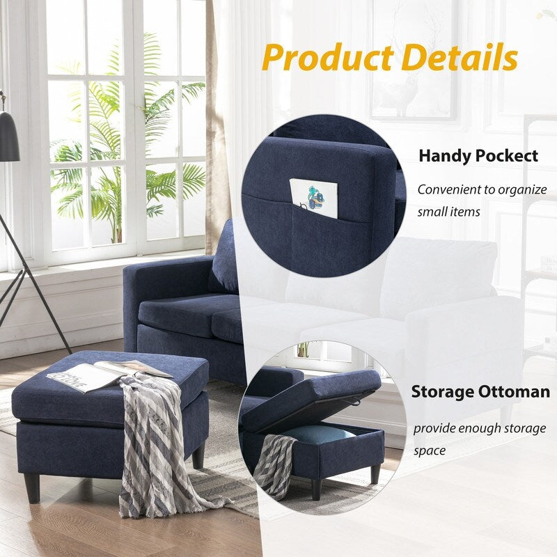 Modern L-Shape Sectional Sofa with Handy Side Pocket, Living Room 3-Seater Couch with Movable Ottoman for Small Space