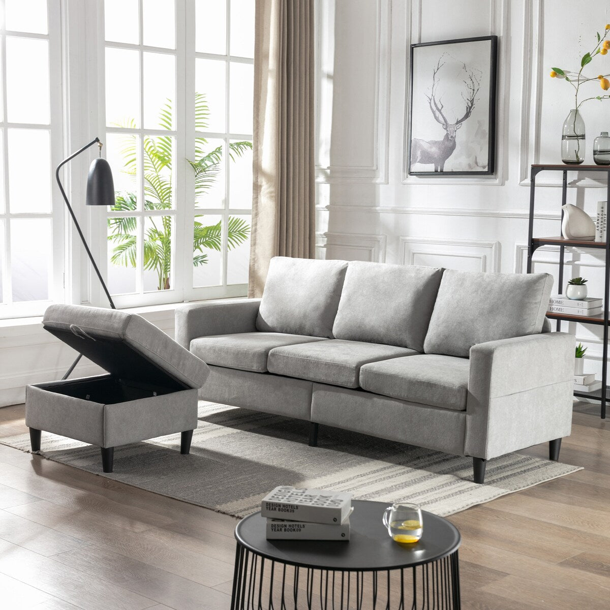 Modern L-Shape Sectional Sofa with Handy Side Pocket, Living Room 3-Seater Couch with Movable Ottoman for Small Space