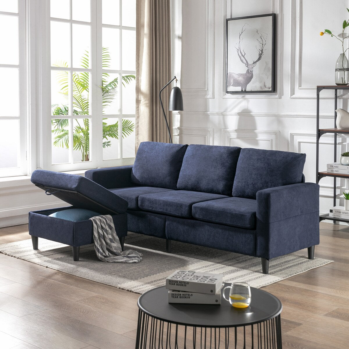Modern L-Shape Sectional Sofa with Handy Side Pocket, Living Room 3-Seater Couch with Movable Ottoman for Small Space