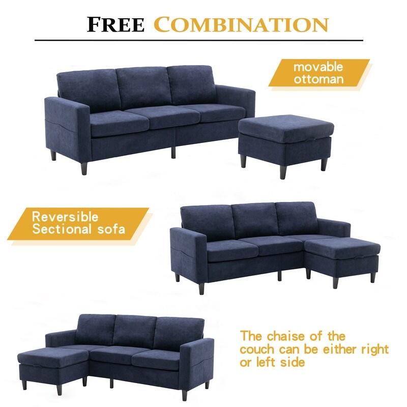 Modern L-Shape Sectional Sofa with Handy Side Pocket, Living Room 3-Seater Couch with Movable Ottoman for Small Space