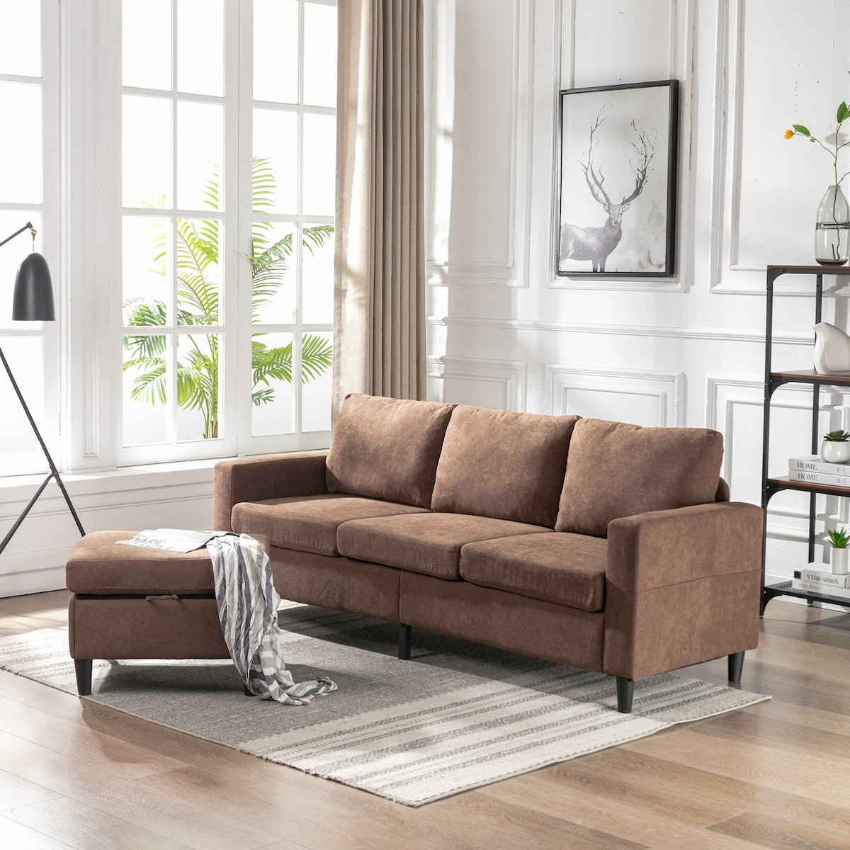 Modern L-Shape Sectional Sofa with Handy Side Pocket, Living Room 3-Seater Couch with Movable Ottoman for Small Space