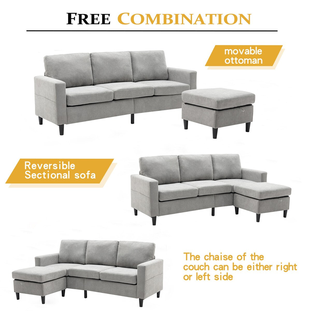 Modern L-Shape Sectional Sofa with Handy Side Pocket, Living Room 3-Seater Couch with Movable Ottoman for Small Space