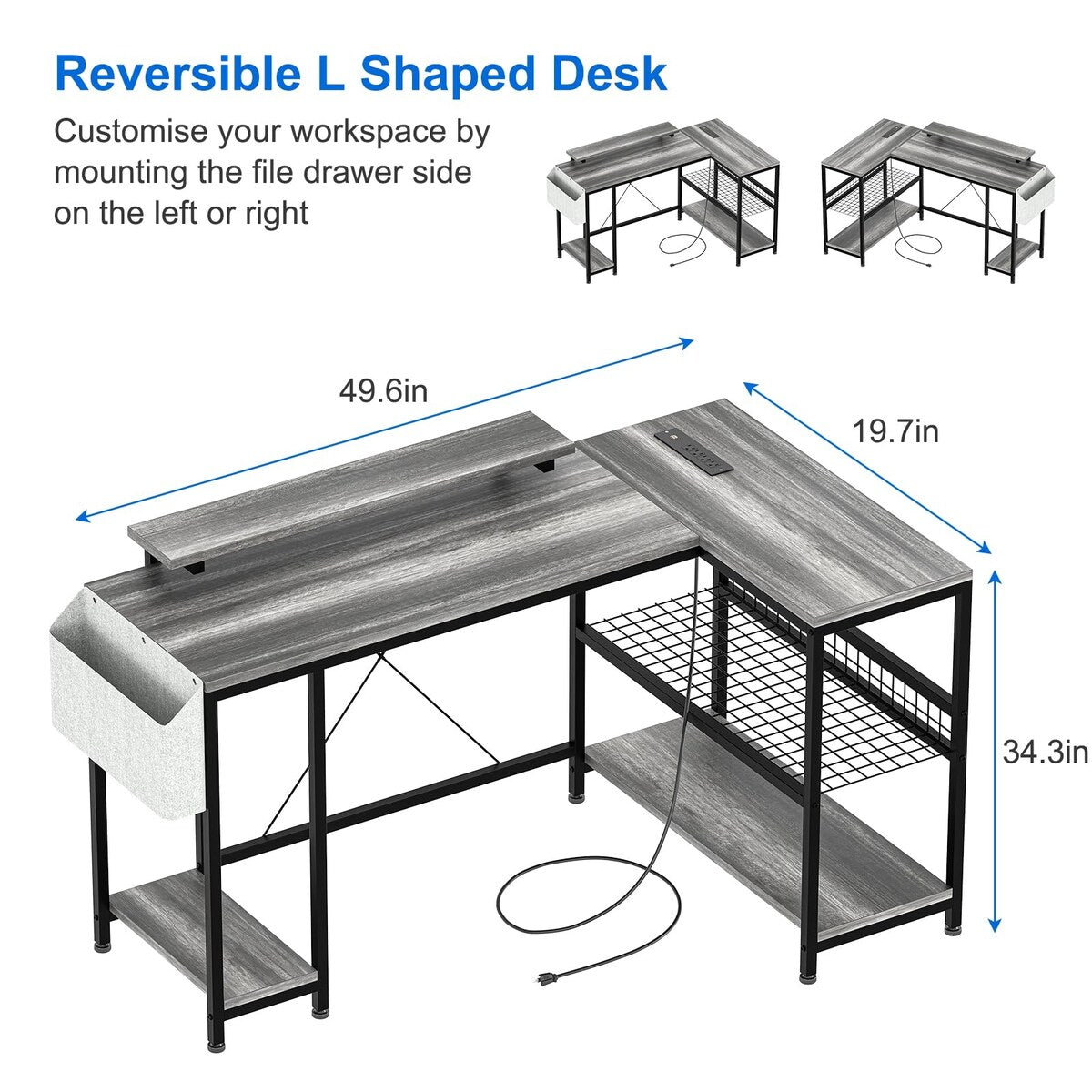 Modern L Shaped Computer Desk with Power Outlets & LED Light