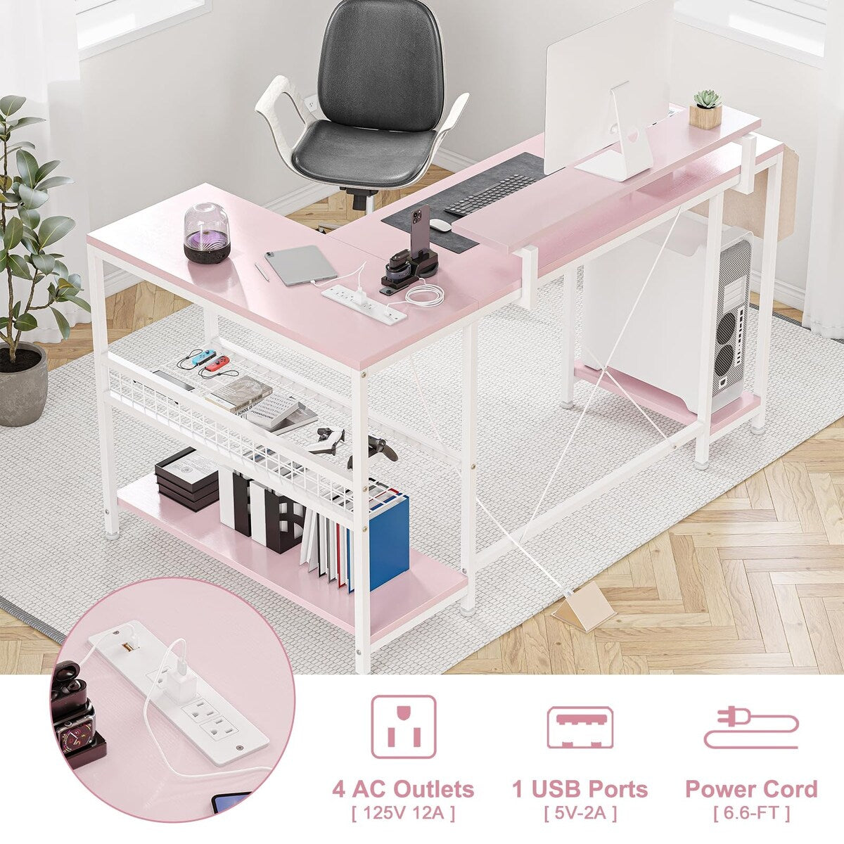 Modern L Shaped Computer Desk with Power Outlets & LED Light