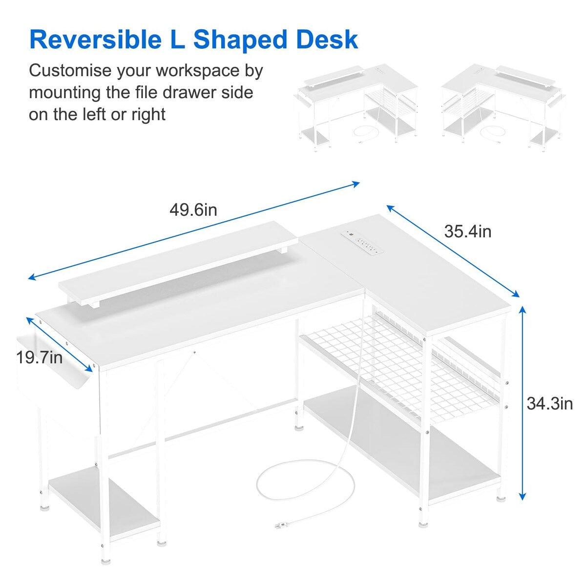 Modern L Shaped Computer Desk with Power Outlets & LED Light