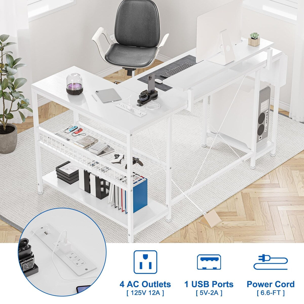 Modern L Shaped Computer Desk with Power Outlets & LED Light