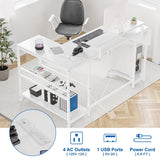 Modern L Shaped Computer Desk with Power Outlets & LED Light