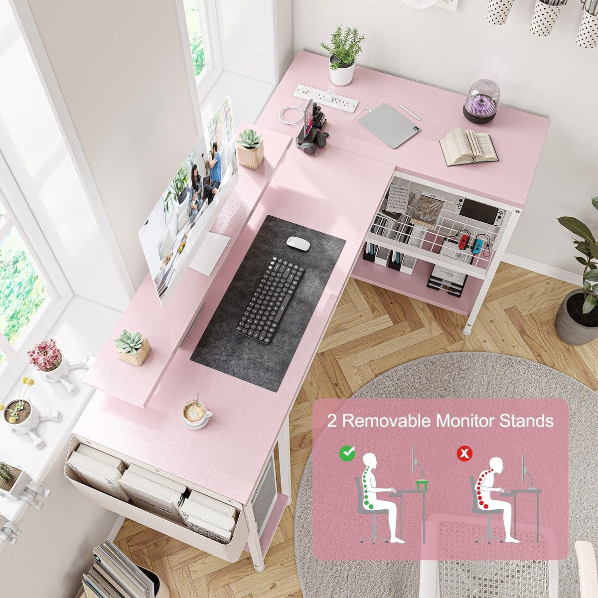 Modern L Shaped Computer Desk with Power Outlets & LED Light