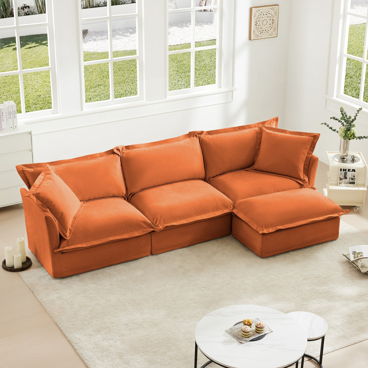 Modern L-Shaped Sectional Sofa Couch with Ottoman & 2 Big Pillows