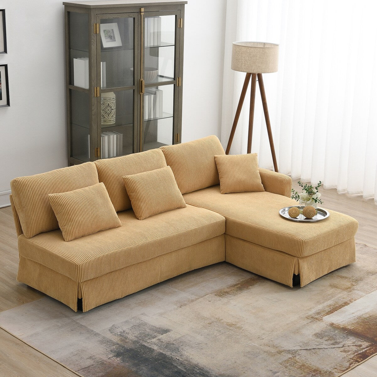Modern L-shaped Corduroy Sofa with Reversible Chaise,Convertible Sleep