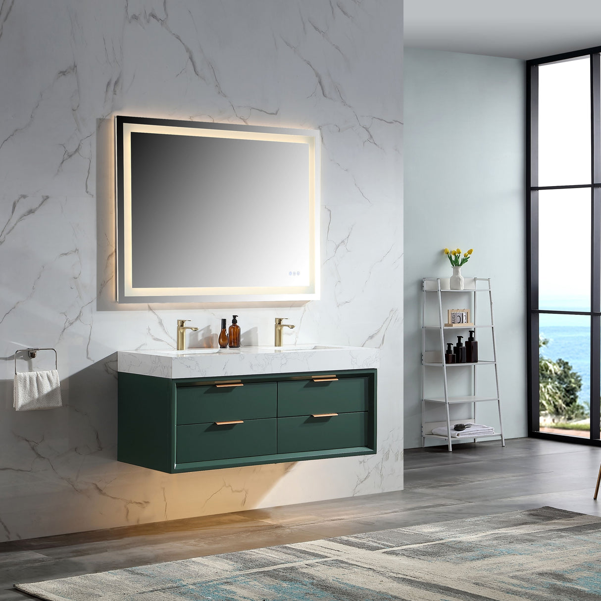 Modern LED 36''/48''/60'' White / Green Bathroom Vanity with Undermount Single / Double Sink