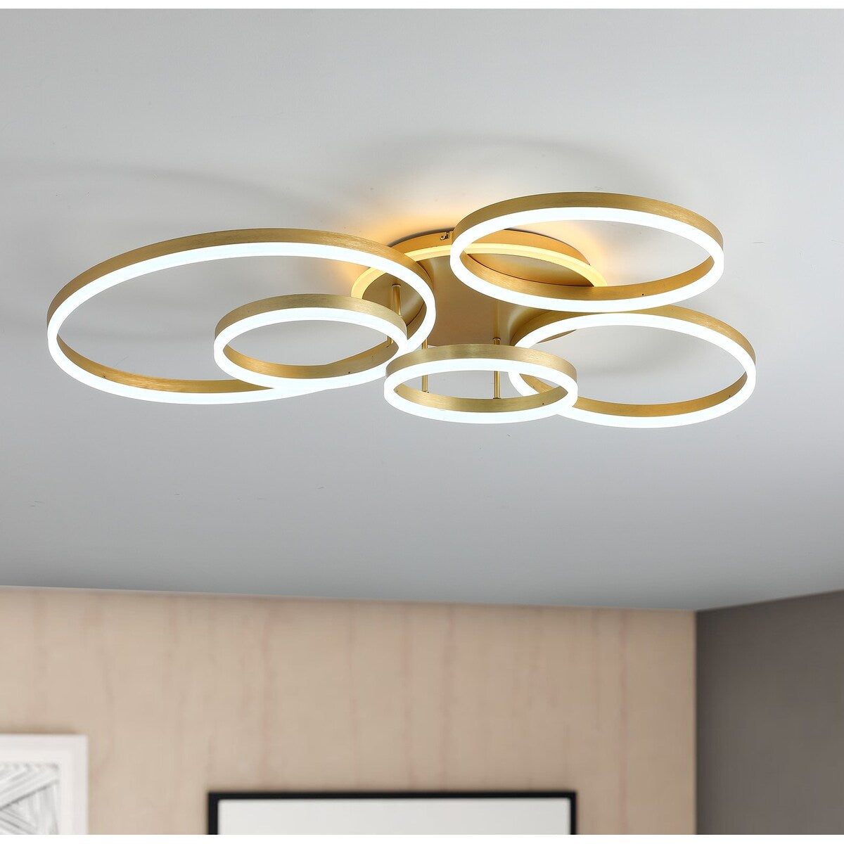 Modern Brushed Gold 5 Metal Rings LED Ceiling Light Fixture