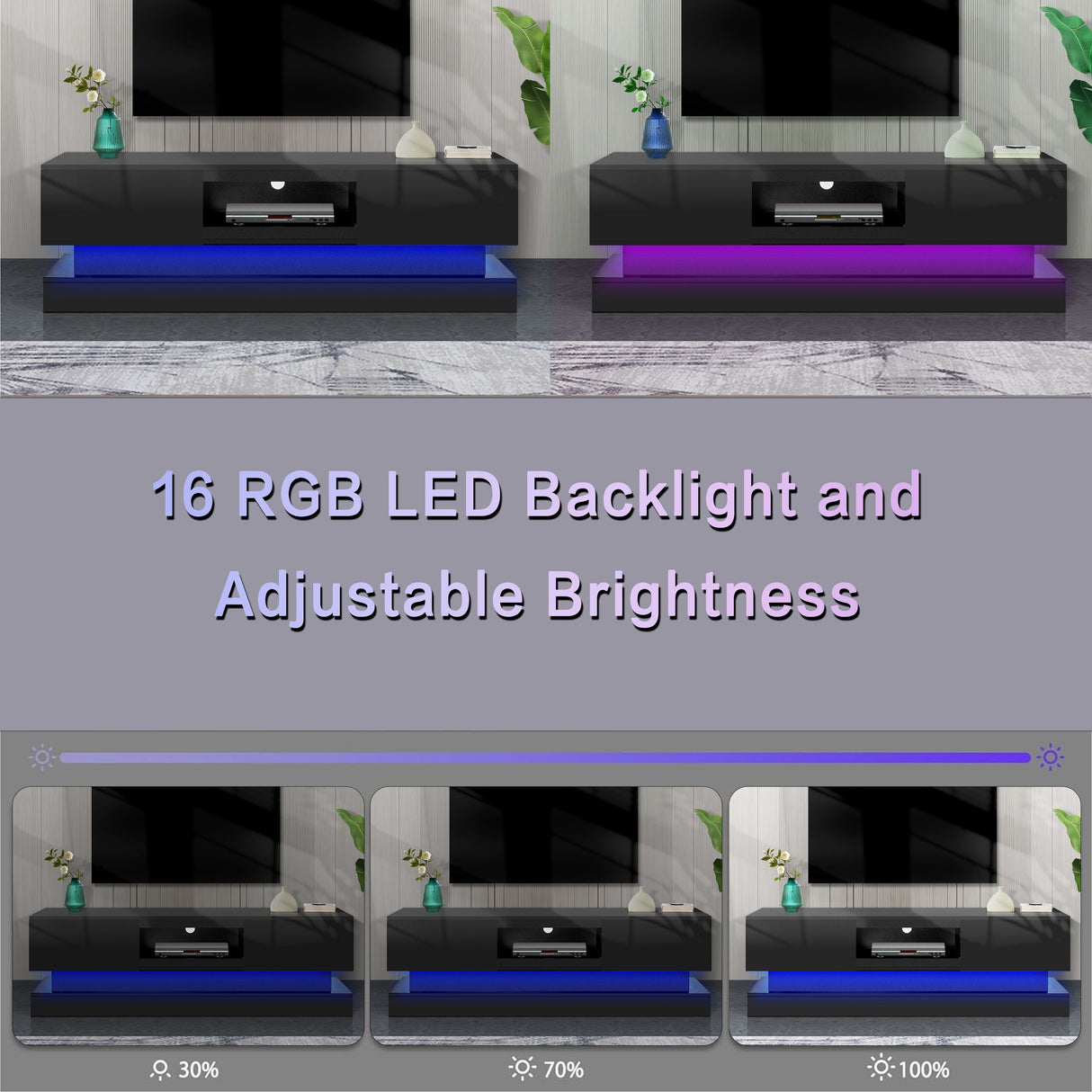 16-Color LED Lights TV Stand for TV up to 55"/65", Modern Entertainment Center with 2 Drawers
