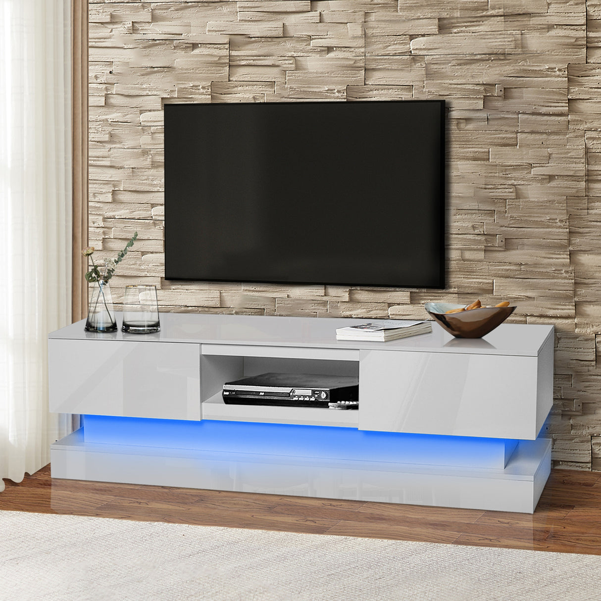 16-Color LED Lights TV Stand for TV up to 55"/65", Modern Entertainment Center with 2 Drawers