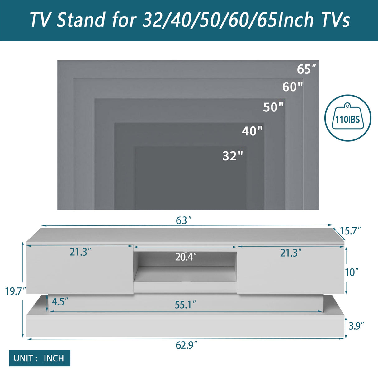 16-Color LED Lights TV Stand for TV up to 55"/65", Modern Entertainment Center with 2 Drawers