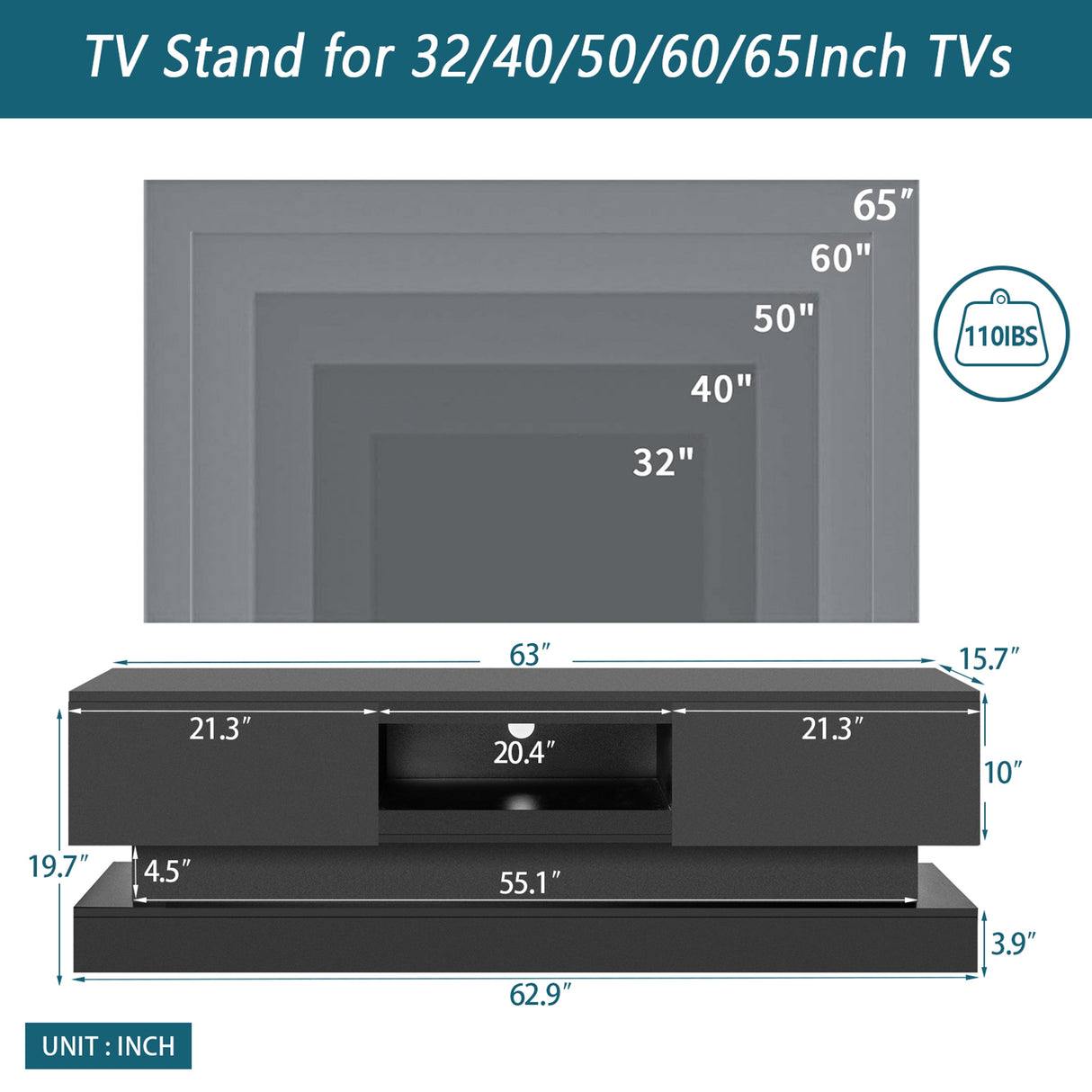 16-Color LED Lights TV Stand for TV up to 55"/65", Modern Entertainment Center with 2 Drawers