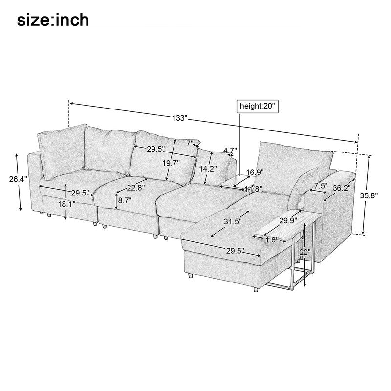 Modern Large L-Shape Sofa with Plastic Legs, Sectional Sofa with 2 Pillows, Living Room Sets with 2 End Tables, Light Grey