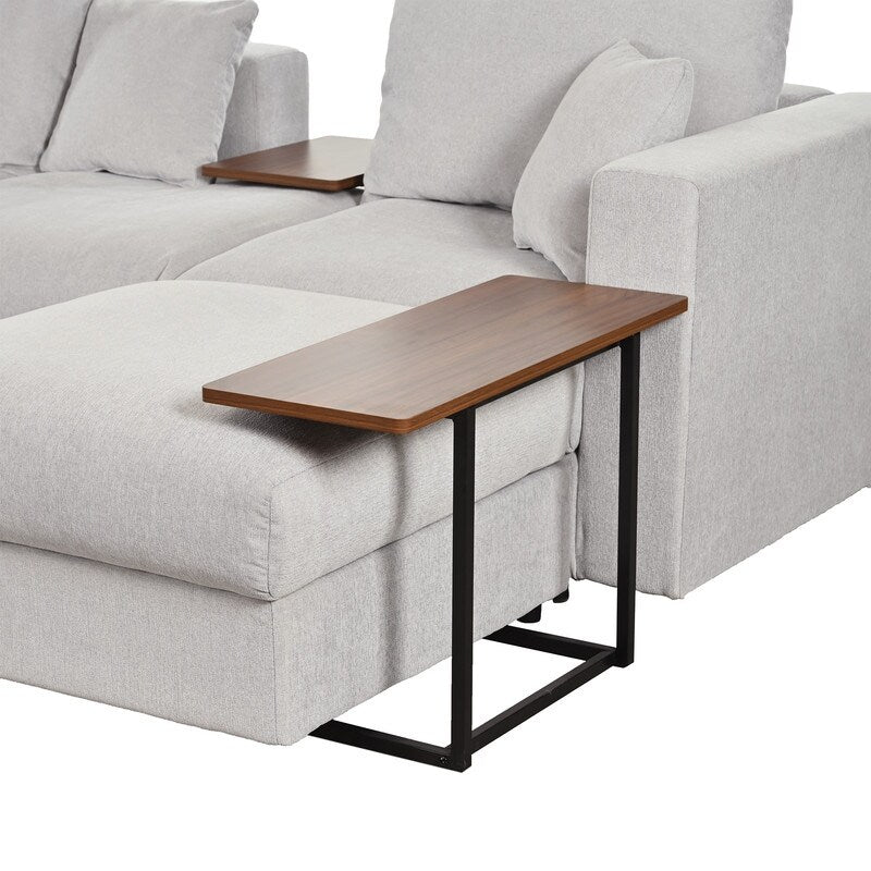 Modern Large L-Shape Sofa with Plastic Legs, Sectional Sofa with 2 Pillows, Living Room Sets with 2 End Tables, Light Grey