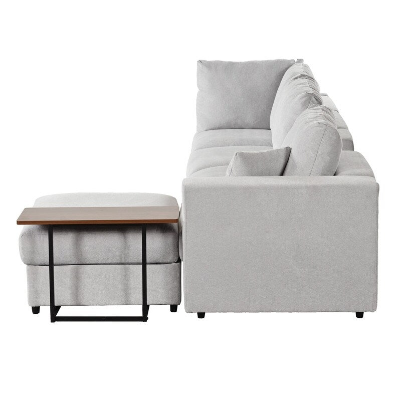 Modern Large L-Shape Sofa with Plastic Legs, Sectional Sofa with 2 Pillows, Living Room Sets with 2 End Tables, Light Grey
