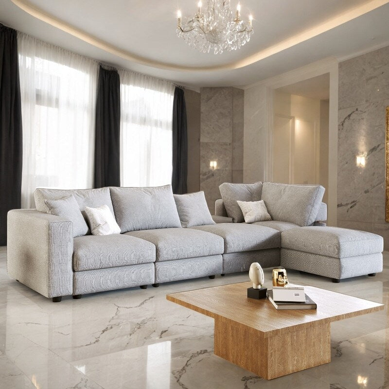 Modern Large L-Shape Sofa with Plastic Legs, Sectional Sofa with 2 Pillows, Living Room Sets with 2 End Tables, Light Grey