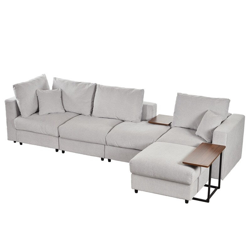 Modern Large L-Shape Sofa with Plastic Legs, Sectional Sofa with 2 Pillows, Living Room Sets with 2 End Tables, Light Grey