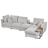 Modern Large L-Shape Sofa with Plastic Legs, Sectional Sofa with 2 Pillows, Living Room Sets with 2 End Tables, Light Grey