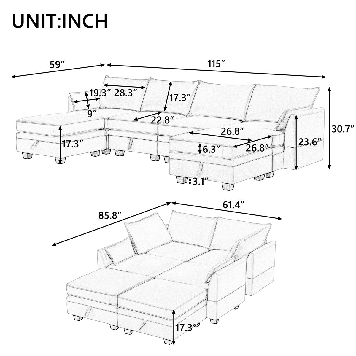 Modern Large U-Shape Modular Sectional Sofa with Reversible Chaise