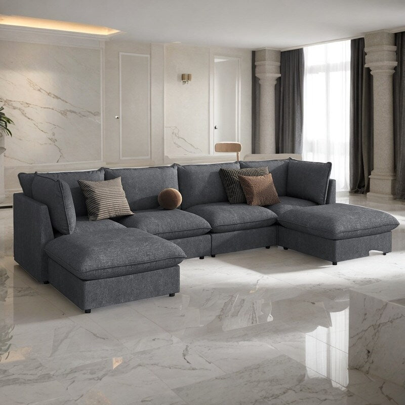 Modern Large U-Shape Sectional Sofa with Plastic Leg, 2 Large Chaise with Removable Ottomans for Living Room, Grey
