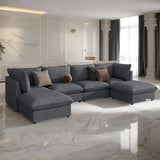 Modern Large U-Shape Sectional Sofa with Plastic Leg, 2 Large Chaise with Removable Ottomans for Living Room, Grey