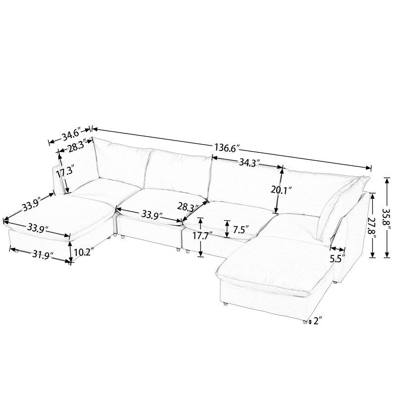 Modern Large U-Shape Sectional Sofa with Plastic Leg, 2 Large Chaise with Removable Ottomans for Living Room, Grey