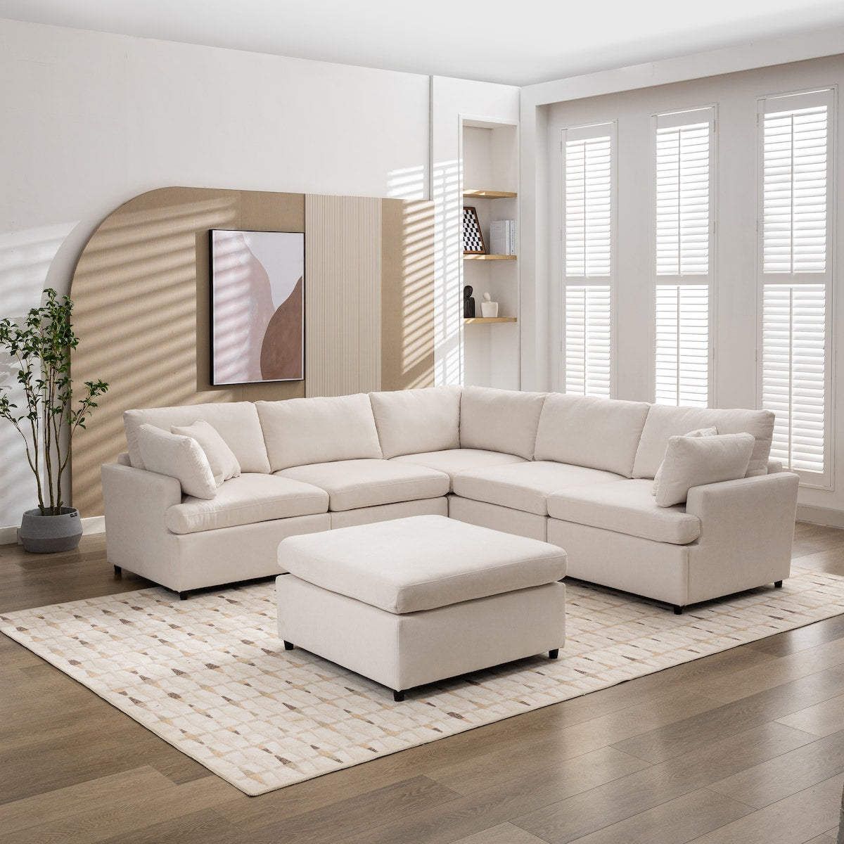 Modern Large U-Shape Sectional Sofa, with Removable Ottomans for Living Room (6-Seater)