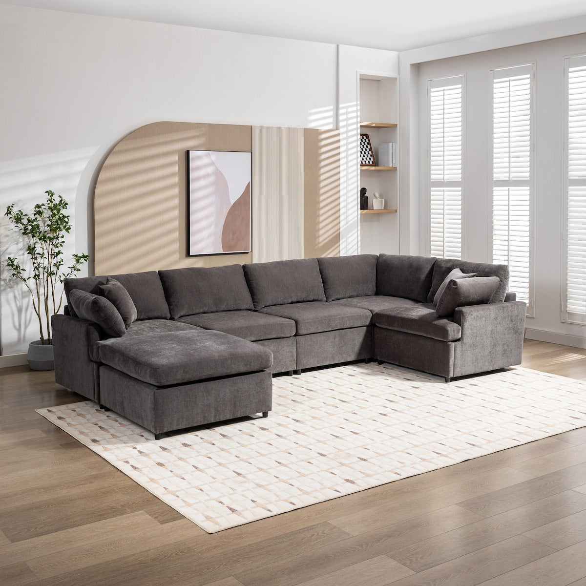 Modern Large U-Shape Sectional Sofa, with Removable Ottomans for Living Room (6-Seater)