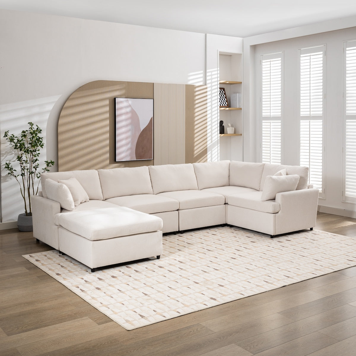 Modern Large U-Shape Sectional Sofa, with Removable Ottomans for Living Room (6-Seater)